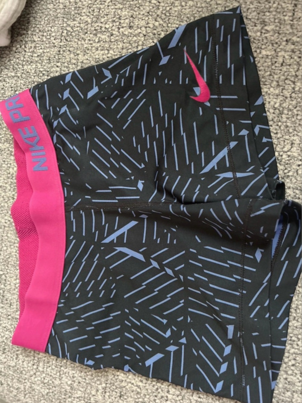 Nike Women's Black Swim Shorts with Pink Waistband and Blue Graphic Print